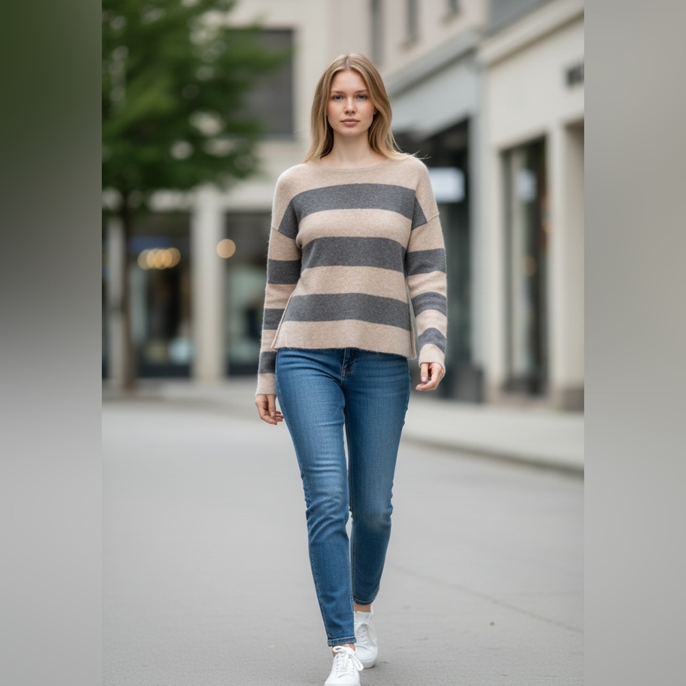 Eileen Fisher Striped‎ Merino Wool Tencel Sweater Small Beige Gray